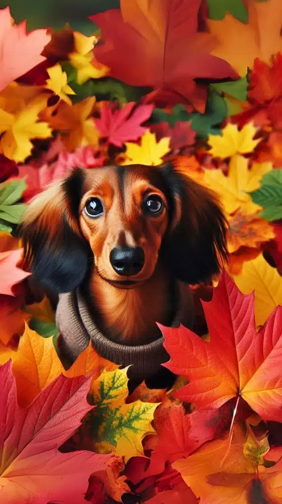 long haired dachshund in a pile of colorful fall leaves