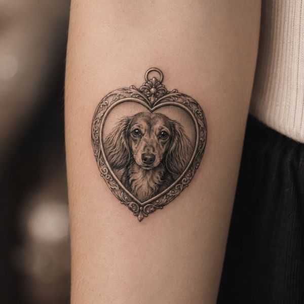 Long-Haired Mini Dachshund Heart Locket Tattoo