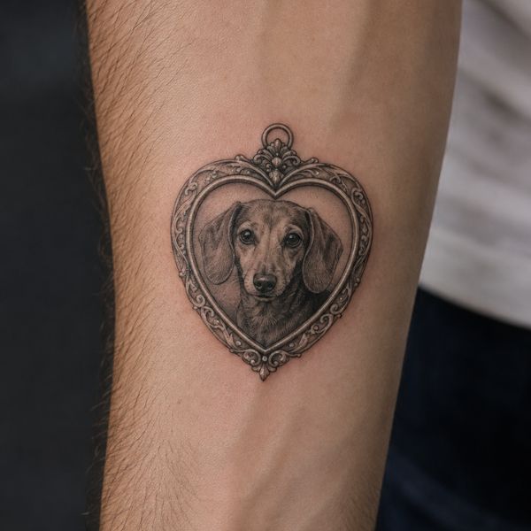 Single Needle Mini Dachshund Heart Locket Tattoo
