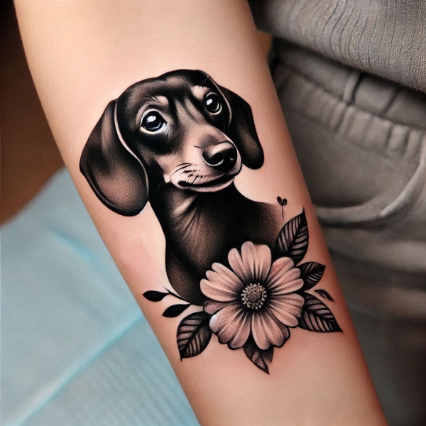 black and gray tattoo of dachshund face and flower
