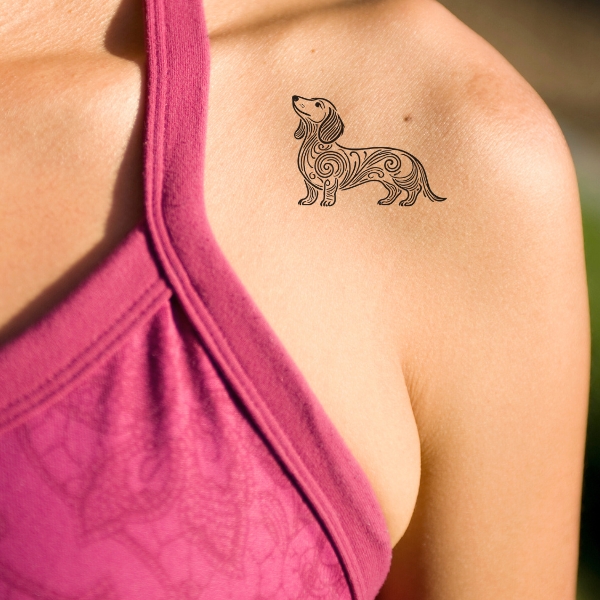 cool dachshund tattoo on shoulder