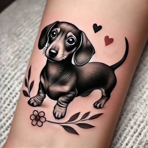 cute dachshund puppy tattoo with hearts and flower