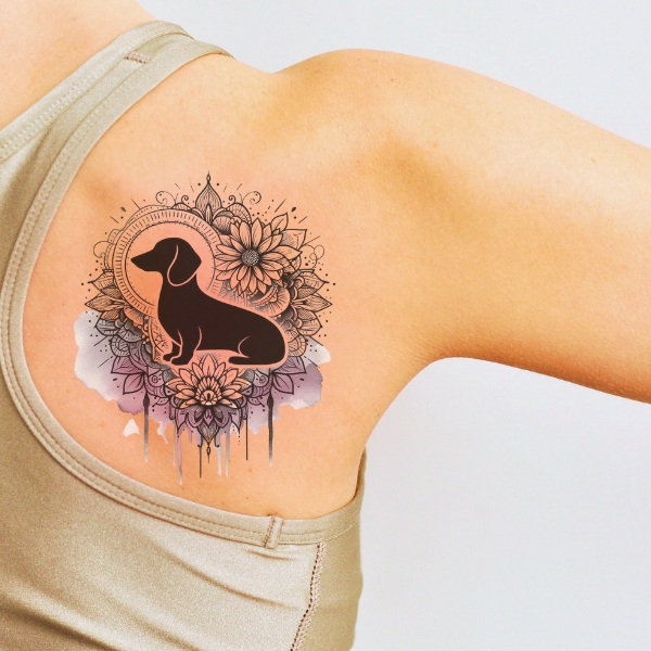 dachshund silhouette and mandala flowers tattoo