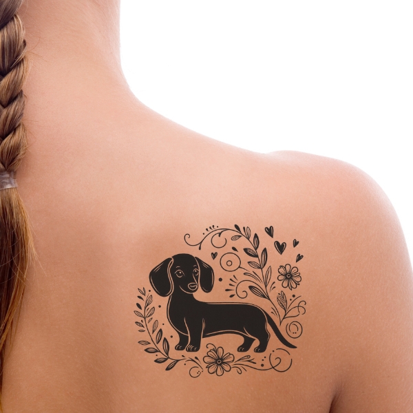dachshund tattoo on woman's back shoulder