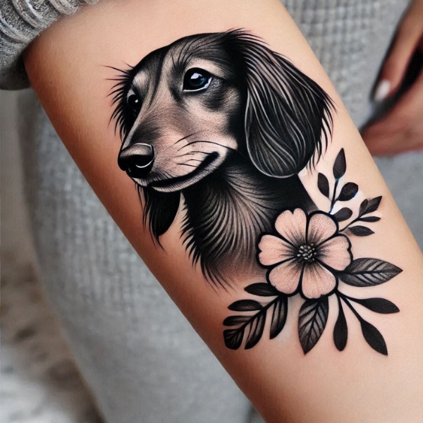 long hair dachshund tattoo with flower