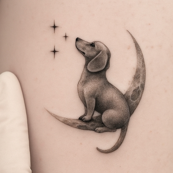 small dachshund tattoo with stars