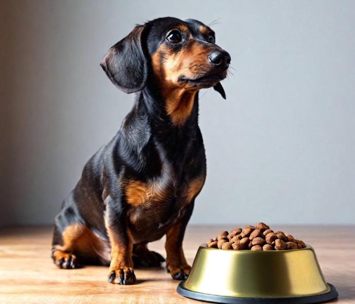 black and tan mini dachshund begging for food next to a bowl of dog food black and tan mini dachshund begging for food next to a bowl of dog food