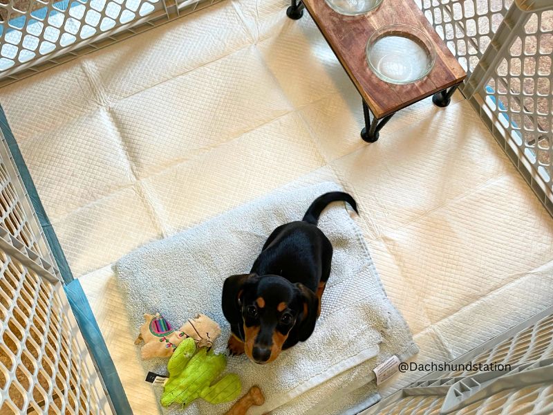 little dachshund puppy in a puppy playpen little dachshund puppy in a puppy playpen